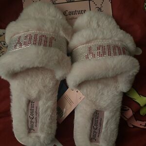 Juicy Couture Pink and White Furry Slides